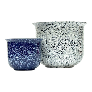 Elegantly Shaped Blue & White Ceramic Splatterware Planter Curation, Made in Germany - Group of 2