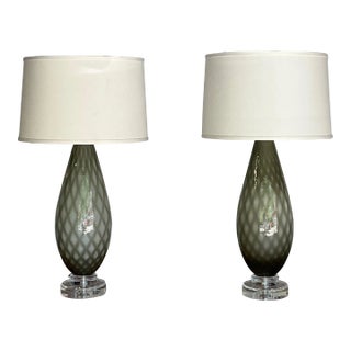 Pair of Italian Murano Glass Table Lamps With Diamond Pattern, 1950s For Sale