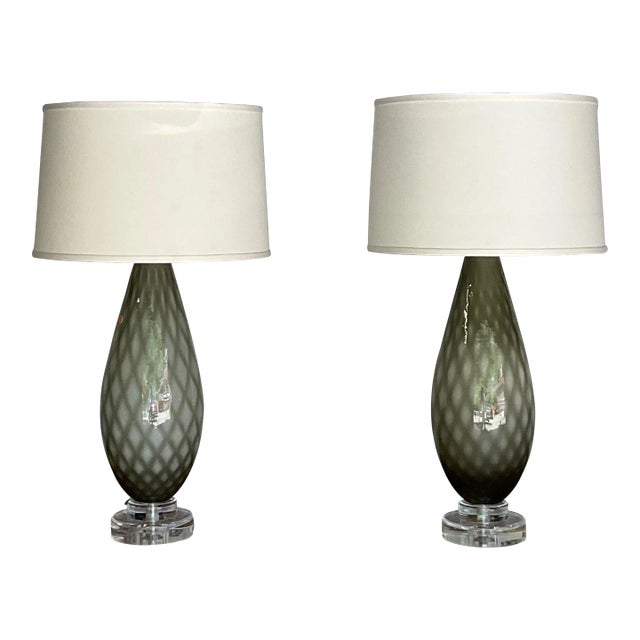 Pair of Italian Murano Glass Table Lamps With Diamond Pattern, 1950s For Sale