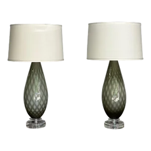 Pair of Italian Murano Glass Table Lamps With Diamond Pattern, 1950s