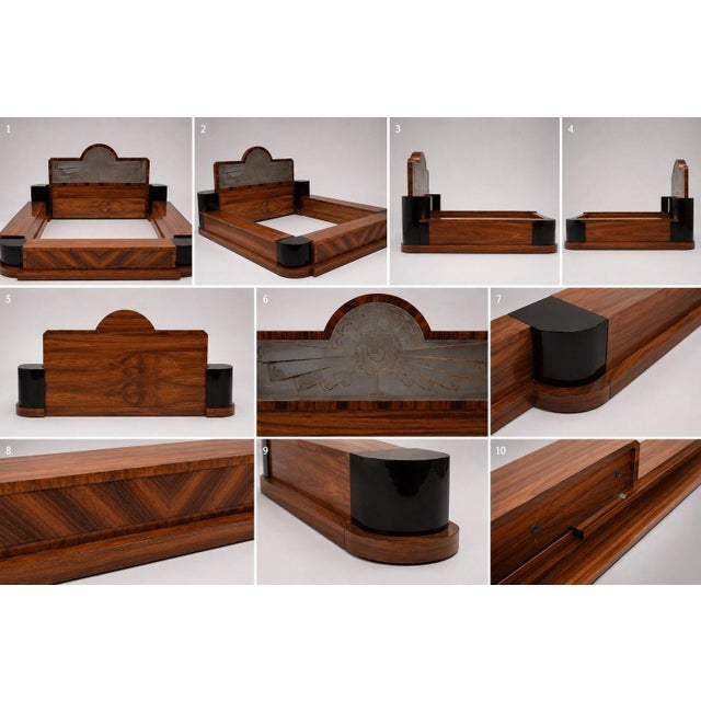 Art Deco Double Bed in Mahogany, Black Lacquer and Frosted Glass, 1930s For Sale - Image 3 of 5