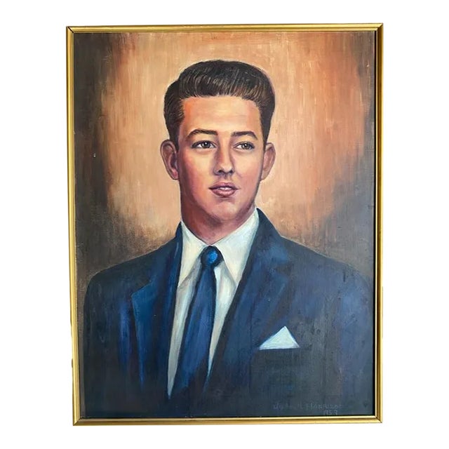Vintage Joann Harrison Oil Portrait Painting of a Young Man on Canvas, Artist Signed 1959 For Sale