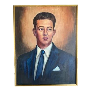 Vintage Joann Harrison Oil Portrait Painting of a Young Man on Canvas, Artist Signed 1959
