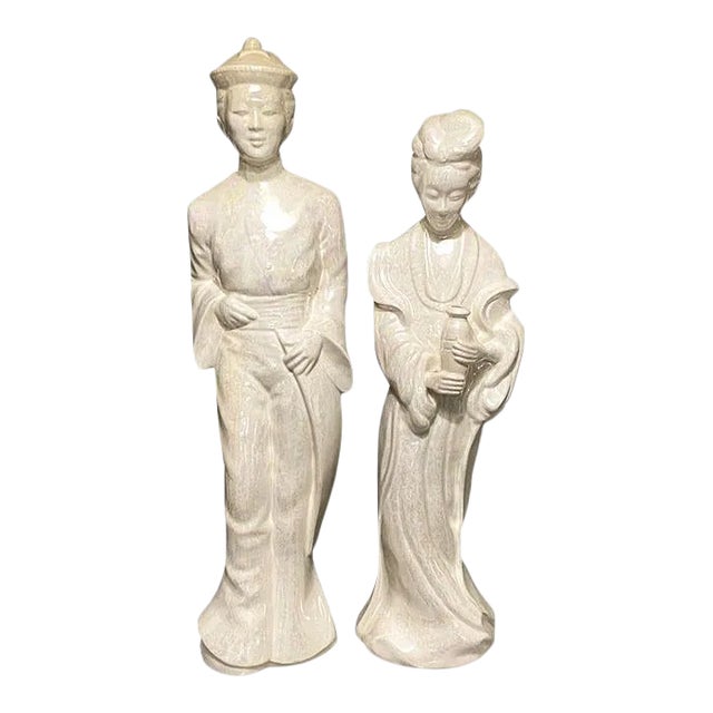 Ceramic Pearlized Glaze Chinoiserie Statues - a Set of 2 For Sale