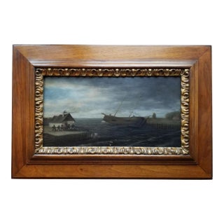 Flemish School Coastal Marine Scene – Fishermen Hauling a Boat Ashore, Early 18th Century, Oil on Oak Panel. For Sale