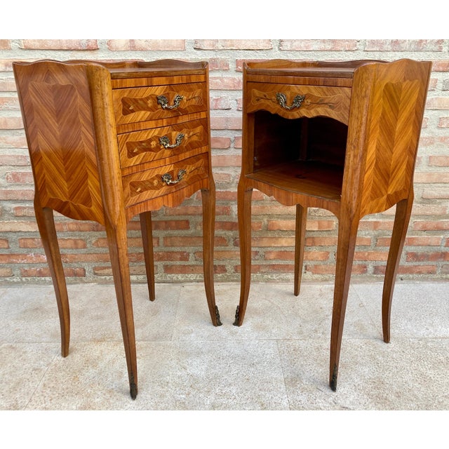Wood Pair of French Marquetry Bedside Tables with Drawer and Cabinet, 1940s For Sale - Image 7 of 13