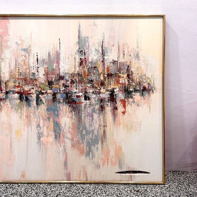 This is a gorgeous oil-on-canvas abstract harbor scene, featuring a vibrant array of boats rendered in soft,...