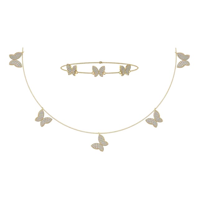 14K Yellow Gold Butterfly Necklace Bracelet Set 1-7/8 Cttw For Sale