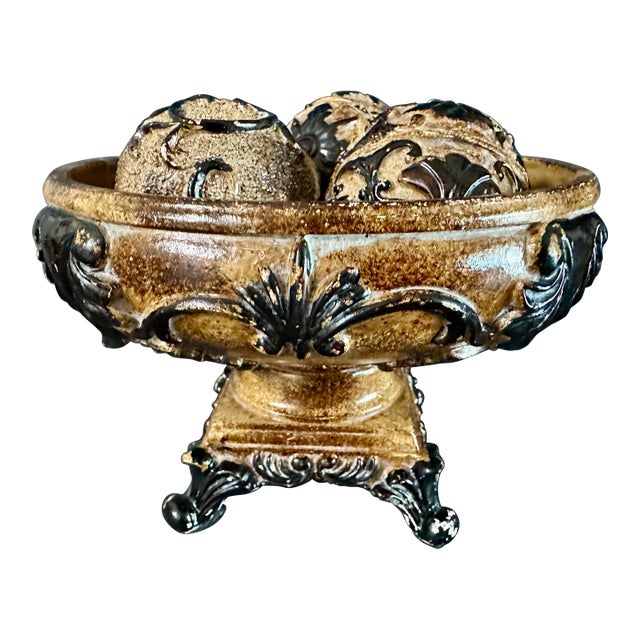 Vintage Late 20th Century Decorative Art Deco Pedestal Bowl With Three Balls For Sale