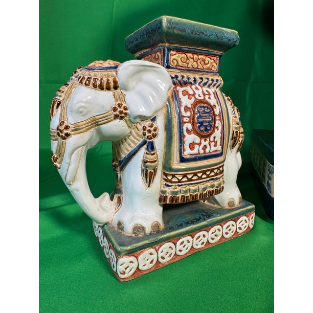 Ceramic Mid 20th Century Pair of Polychrome Ceramic Elephant Plant Stands With Shou Medallions For Sale - Image 7 of 7