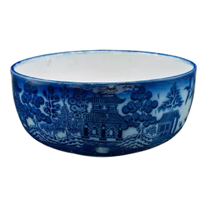 1900s Victorian Antique Decorative Fruit Bowl, English, Ceramic, Serving Dish, Willow