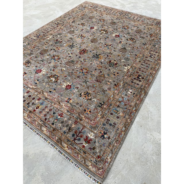 Chobi Area Rug, Hand-Knotted Wool, Allover Floral, 9x12, Silver & Camel For Sale - Image 6 of 11