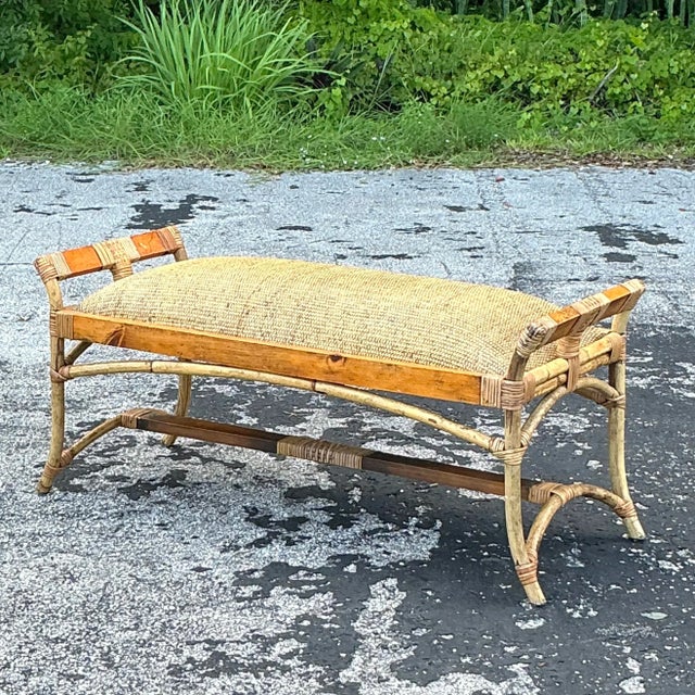Vintage Coastal Woven Rattan Bench For Sale - Image 4 of 7