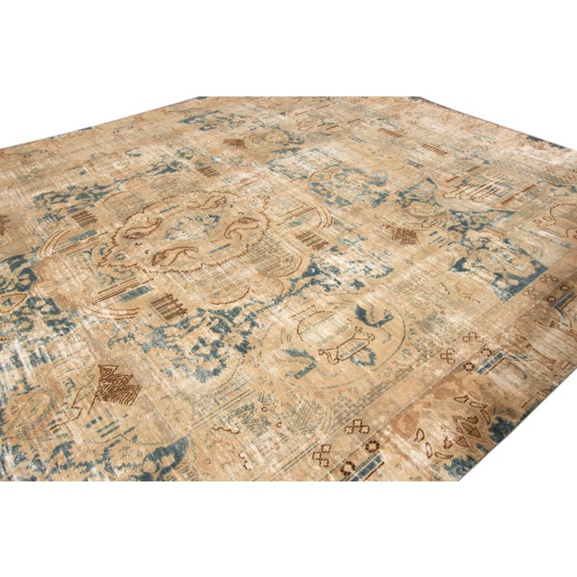 1960s Vintage Persian Distressed Beige Handmade Medallion Wool Rug For Sale - Image 10 of 11