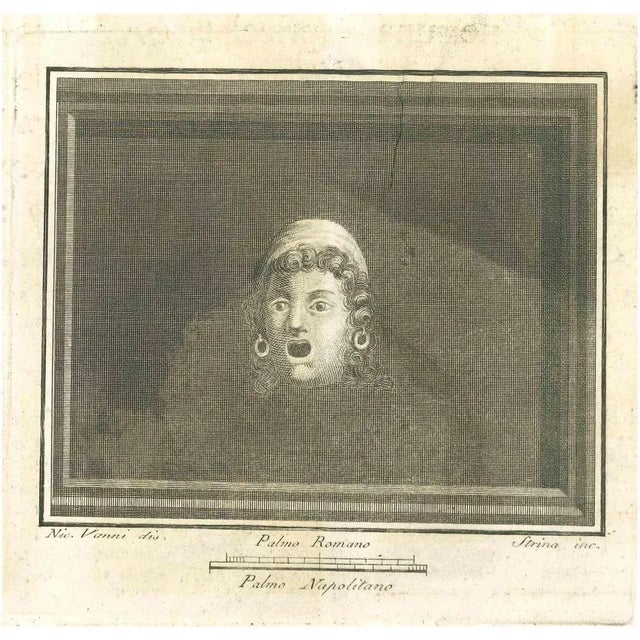 Ancient theatrical mask from the series "antiquities of herculaneum", is anetching on paper realized in the 18th century...