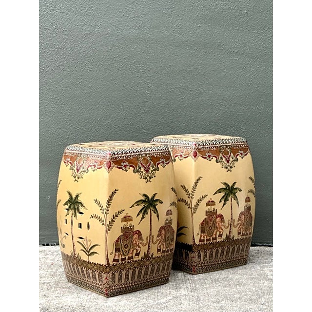 Cream Vintage Glazed Ceramic Elephant Low Stools - A Pair For Sale - Image 8 of 12