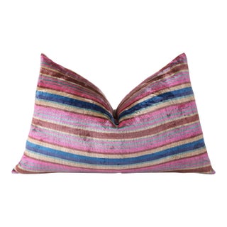 Handmade Striped Velvet Pillow – 16x24" Colorful Silk Cushion For Sale
