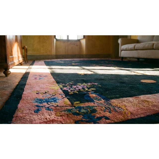 1920s Blue Navy Floral Animal Antique Chinese Art Deco Carpet 9' X 11'6" Knotted Wool Rug For Sale - Image 18 of 18
