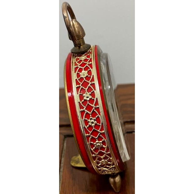 Mid-Century Modern Vtg. Elgin Alarm Clock Germany Mother of Pearl Dial Solid Brass Accents Mechanical Wind Works For Sale - Image 3 of 10