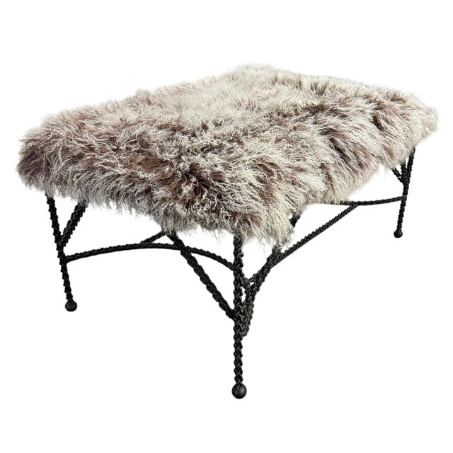 Paul Ferrante Wrought Iron Ottoman With Curly Wool Upholstery For Sale - Image 4 of 12