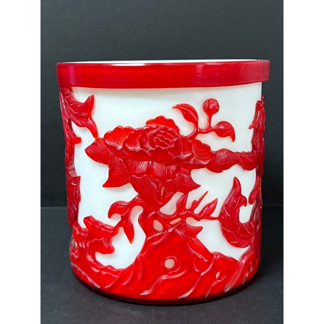 Glass Chinese Art Peking Glass Overlay Brush Pot With Phoenix Bird and Floral Design For Sale - Image 7 of 12
