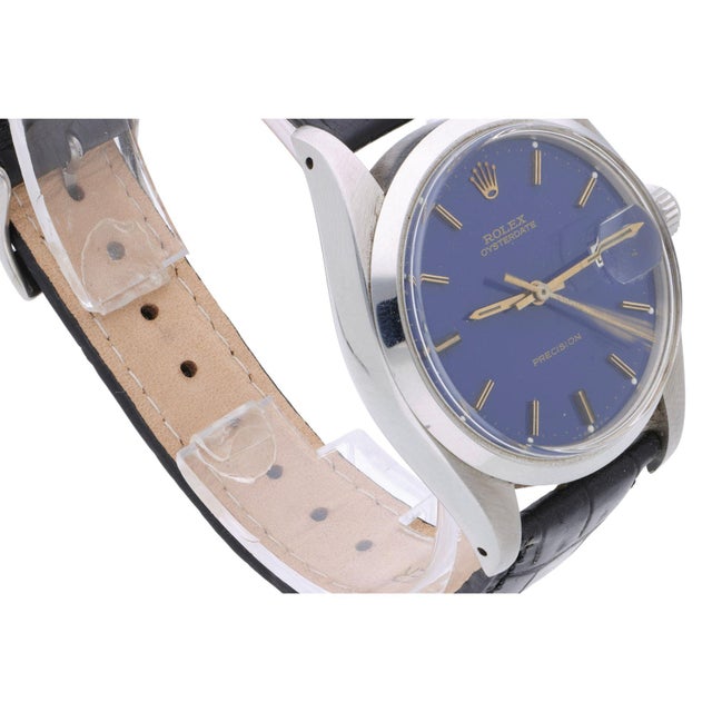 Metal Vintage Rolex Oysterdate Precision 6694 Blue Dial Steel 1977 Leather Strap Watch For Sale - Image 7 of 17