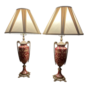 Pristine Mid 20th Century Japanese Moriage Porcelain & Brass Tall Lamps