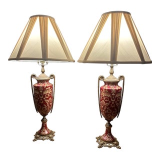 Pristine Mid 20th Century Mid-Century Japanese Moriage Porcelain & Brass Tall Lamps For Sale