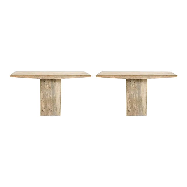 Sculptural Pair of Contemporary Italian Travertine Consoles With Brass Banding For Sale