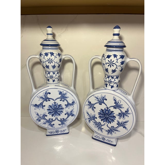 Vintage Pair of Blue and White Chinese Porcelain Moonflask (Urn, Vase) For Sale - Image 13 of 13