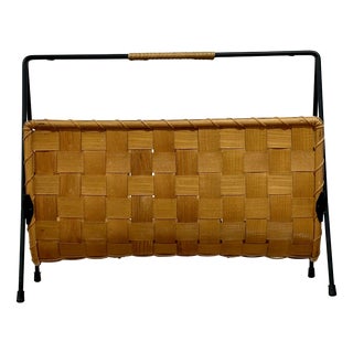 Mid-Century Magazine Rack in Woven Wood and Metal, 1960s For Sale