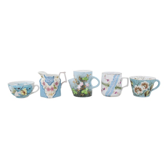 Set of Five Vintage Victorian Hand-Painted Porcelain Mugs For Sale