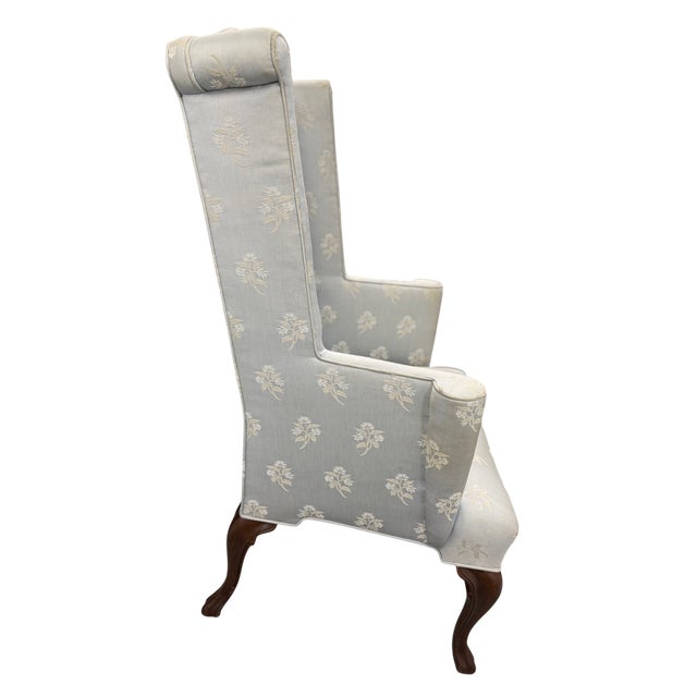 Baker Furniture Attributed Blue Damask Wingback Chairs - A Pair For Sale - Image 9 of 15