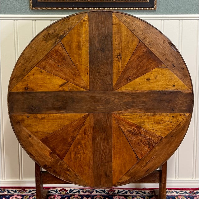 French Antique French Vendage Round Flip Top Gateleg Wine Table Oak Trestle Feet c.19th For Sale - Image 3 of 18