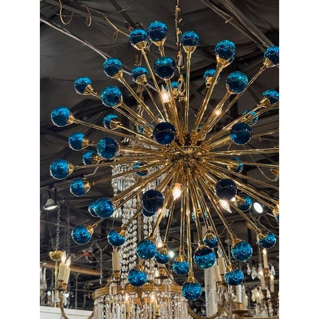Early 21st Century Modern Electric Blue and Brass Murano Glass Chandelier For Sale - Image 5 of 6