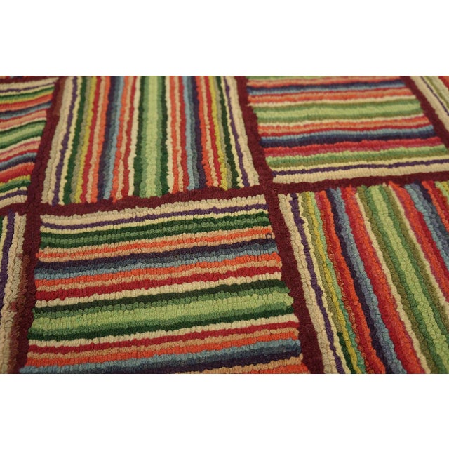 1930s Multicolor Checkerboard Folk Art Antique American Hooked Rug 3'2" X 10' 4" Carpet For Sale - Image 10 of 14