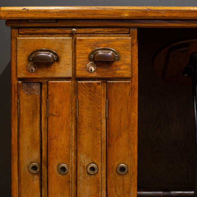 Antique Industrial Oak Architect's Desk With Integrated Swing-Out Stool c.1920 For Sale - Image 9 of 17