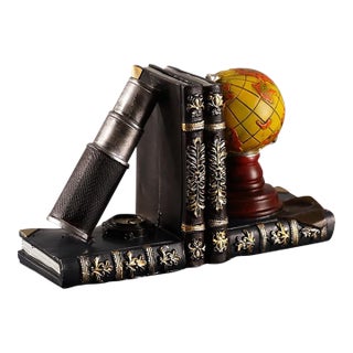 Vintage Nautical Themed Resin Bookends With Globe & Antique Books For Sale