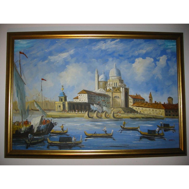 1970s Merchant in Venice Gondola Ride Signed Harris Framed Oil on Canvas For Sale - Image 10 of 18