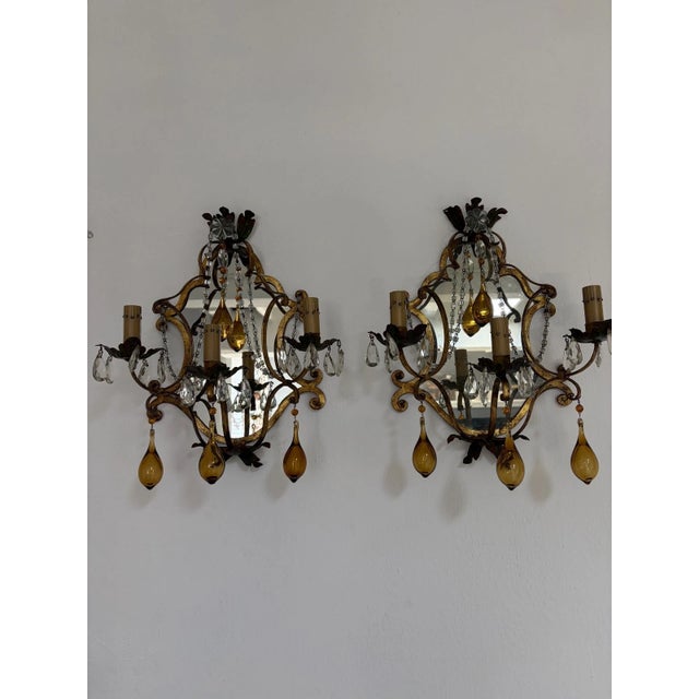 Italian Tuscan Mirror Metal Florentine Sconces C 1900 Amber Blown Murano Glass For Sale - Image 10 of 12