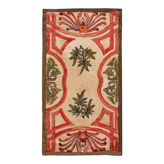 Impressive Beige, Red and Green Color With Floral Design Antique American Hooked Rug For Sale