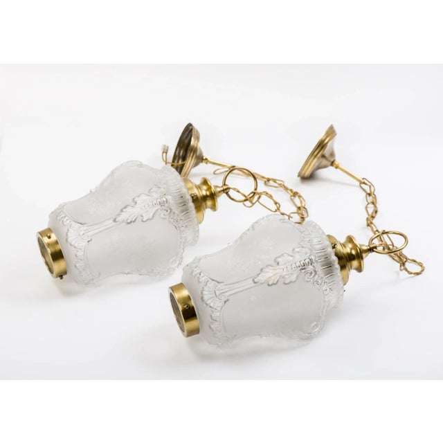 1950s French Rococo Brass Chain Pendant Lights, Acid-Etched Pressed Crystal Shades - A Pair For Sale - Image 6 of 12