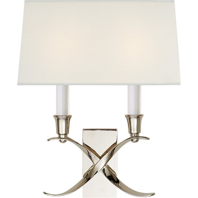 Chapman & Myers for Visual Comfort Signature Cross Bouillotte Small Sconce in Polished Nickel with Linen Shade For Sale