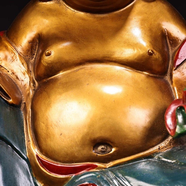 1980s Hand-Painted Gilt Solid Copper Laughing Buddha Statue, Seated Maitreya Buddha on Lotus Base, Chinoiserie Sculpture For Sale - Image 10 of 10