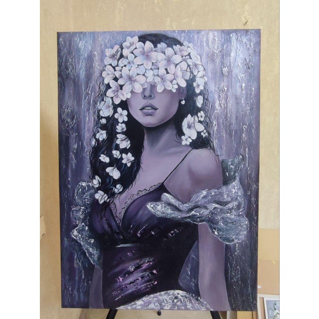 2020s Iryna Dobrovinska Violet Stranger — Original Acrylic Painting on Canvas — Figurative Art Woman For Sale - Image 5 of 6
