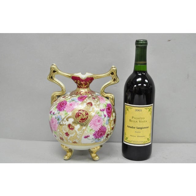 Antique Nippon Moriage Porcelain Twin Handle Footed Ball Vase w/ Hand Painted Roses. Circa Early 20th Century....