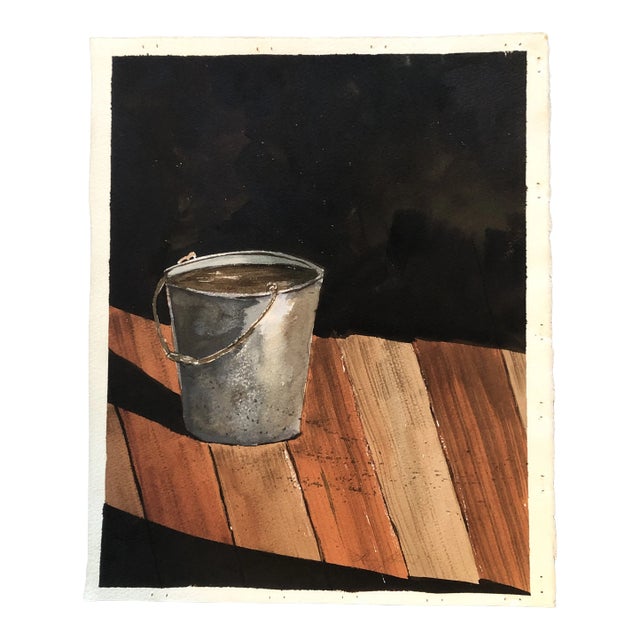 Original Vintage Realistic Still Life With Bucket Watercolor Painting For Sale
