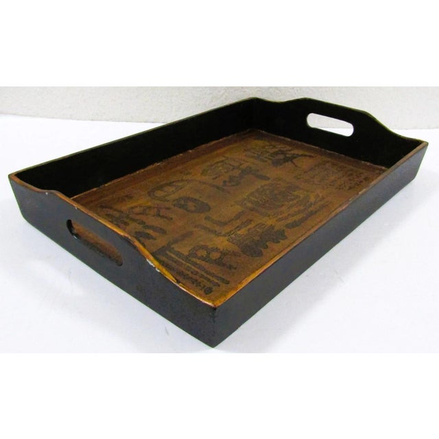 The product is an antique Japanese kanji calligraphy wood serving tray, originating from Japan. The tray features a brown...