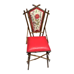 Antique Anglo-Indian Bamboo Campaign Chair With New Leather and Embroidered Upholstery - Late 19th Century