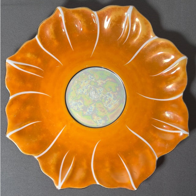 Ceramic 1920’s Japanese Art Deco Noritake Morimura Bros. Lustreware Porcelain Lotus Form Leaf Motifs Condiment Bowl Three-Piece Set With Ladle & Underplate For Sale - Image 7 of 10